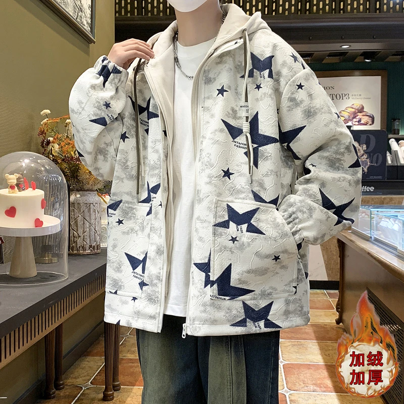 秋冬季新款加绒连帽外套宽松港风青少年潮流百搭提花夹克加厚上衣