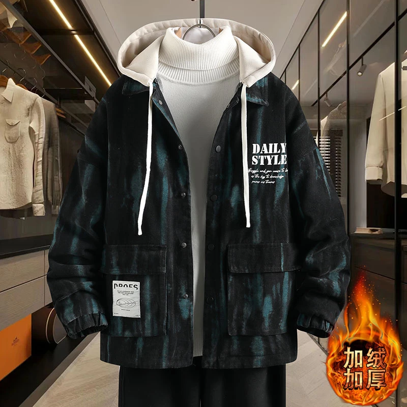 加绒加厚连帽外套男士秋冬季新款港风宽松保暖连帽夹克冬装上衣服