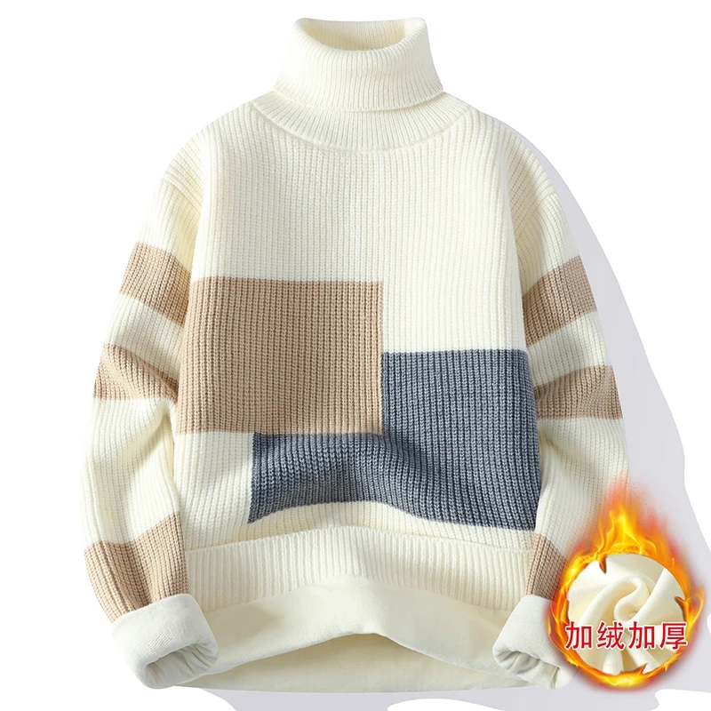 高领毛衣男士冬季新款加绒加厚针织打底衫青少年撞色宽松保暖线衣