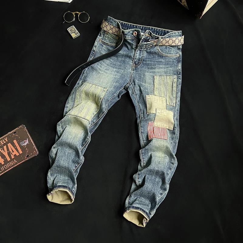欧美春秋季2025时尚重工百搭刺绣牛仔补丁潮流休闲拼接贴布牛仔裤