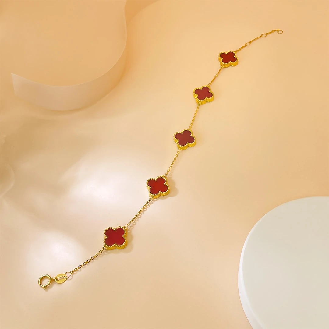 DEMONE/黛慕妮18K金红玛瑙四叶草五花手链女AU750彩金精致正品