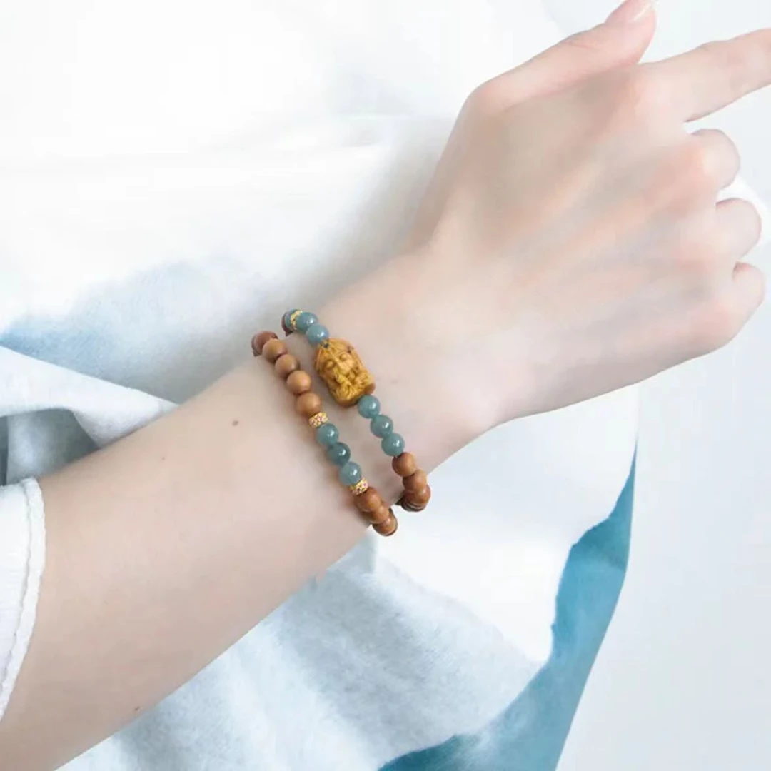 非金属木质手链 蓝水扎基双圈手串新中式国风