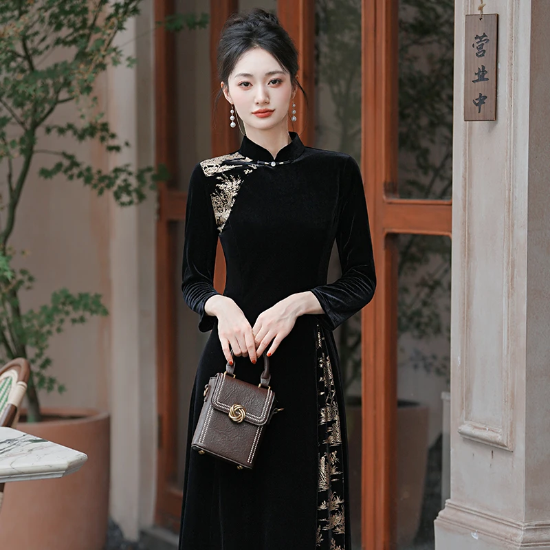 新中式秋冬新款旗袍改良高端复古黑色金丝绒奥黛连衣裙女长袖妈妈