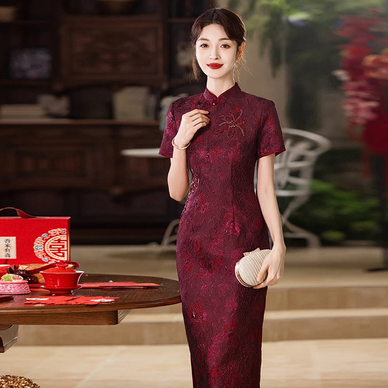 高端旗袍秋冬新款喜婆婆婚宴妈妈礼服提花长款喜服敬酒服年轻款女