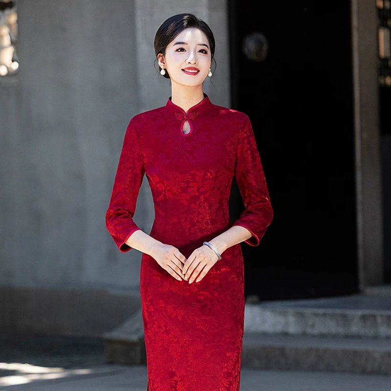 复古旗袍高级感水滴领设计收腰2025春夏新款喜婆婆婚宴喜服妈妈女