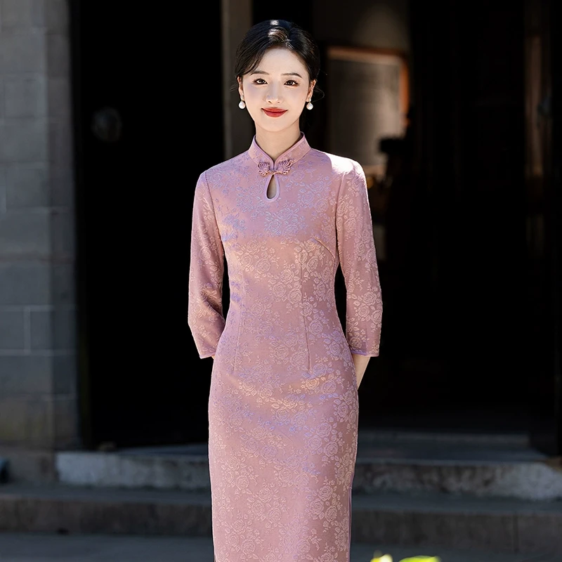 新中式改良旗袍2025年春季新款女水滴领显瘦气质喜婆婆婚宴妈妈装