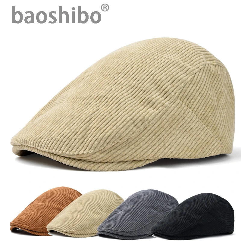 灯芯绒贝雷帽男秋冬季英伦风鸭舌帽中老年加厚保暖大头围前进帽子