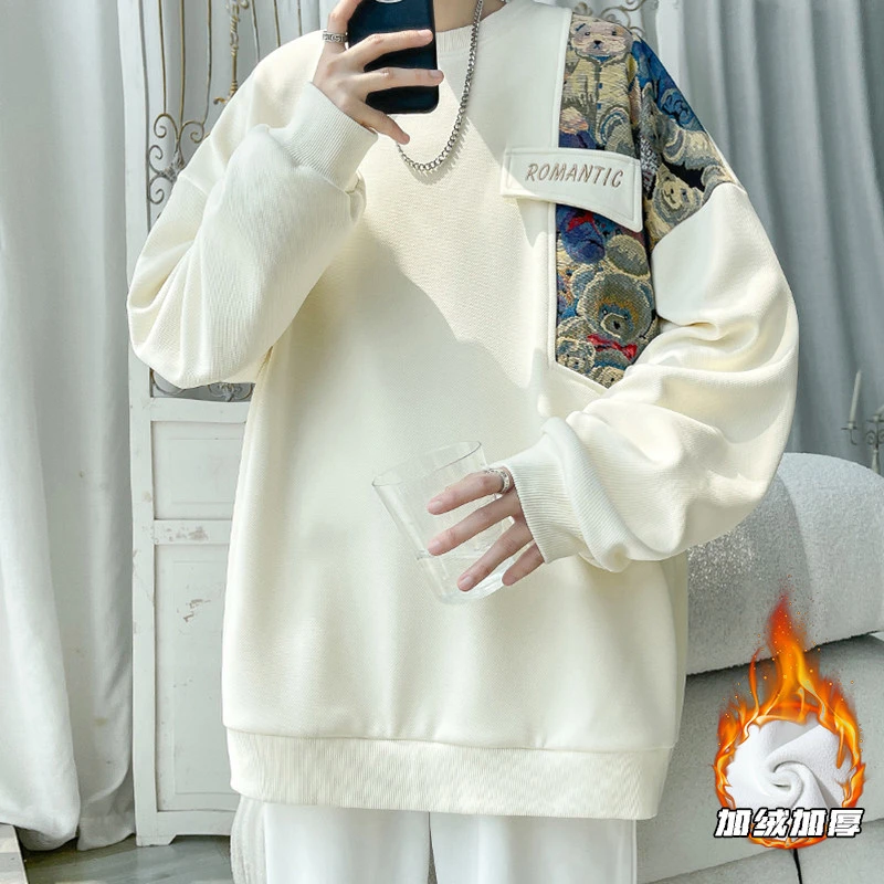刺绣拼接圆领卫衣男秋季港风套头加绒加厚上衣服宽松大码百搭长袖