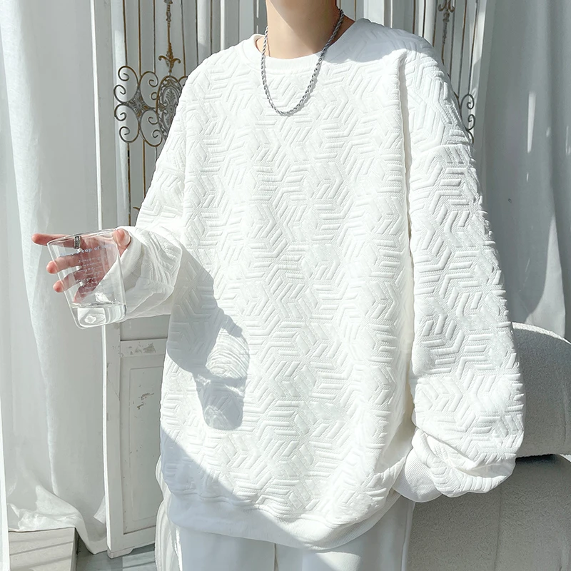 白色提花圆领卫衣男秋冬款内搭长袖打底衫宽松大码美式重磅上衣