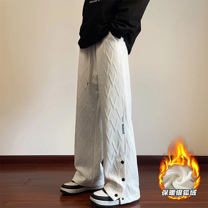 港风男士冬季潮流新款提花宽松百搭加绒加厚保暖开叉直筒休闲长裤