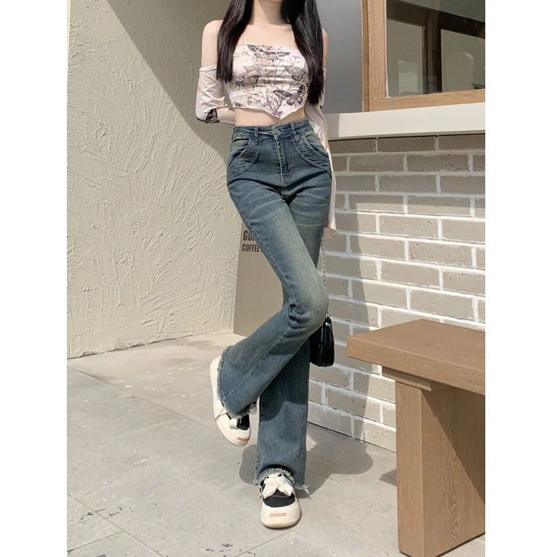 浅蓝色微喇牛仔裤女2024年夏季薄款小个子高腰百搭显瘦马蹄喇叭裤