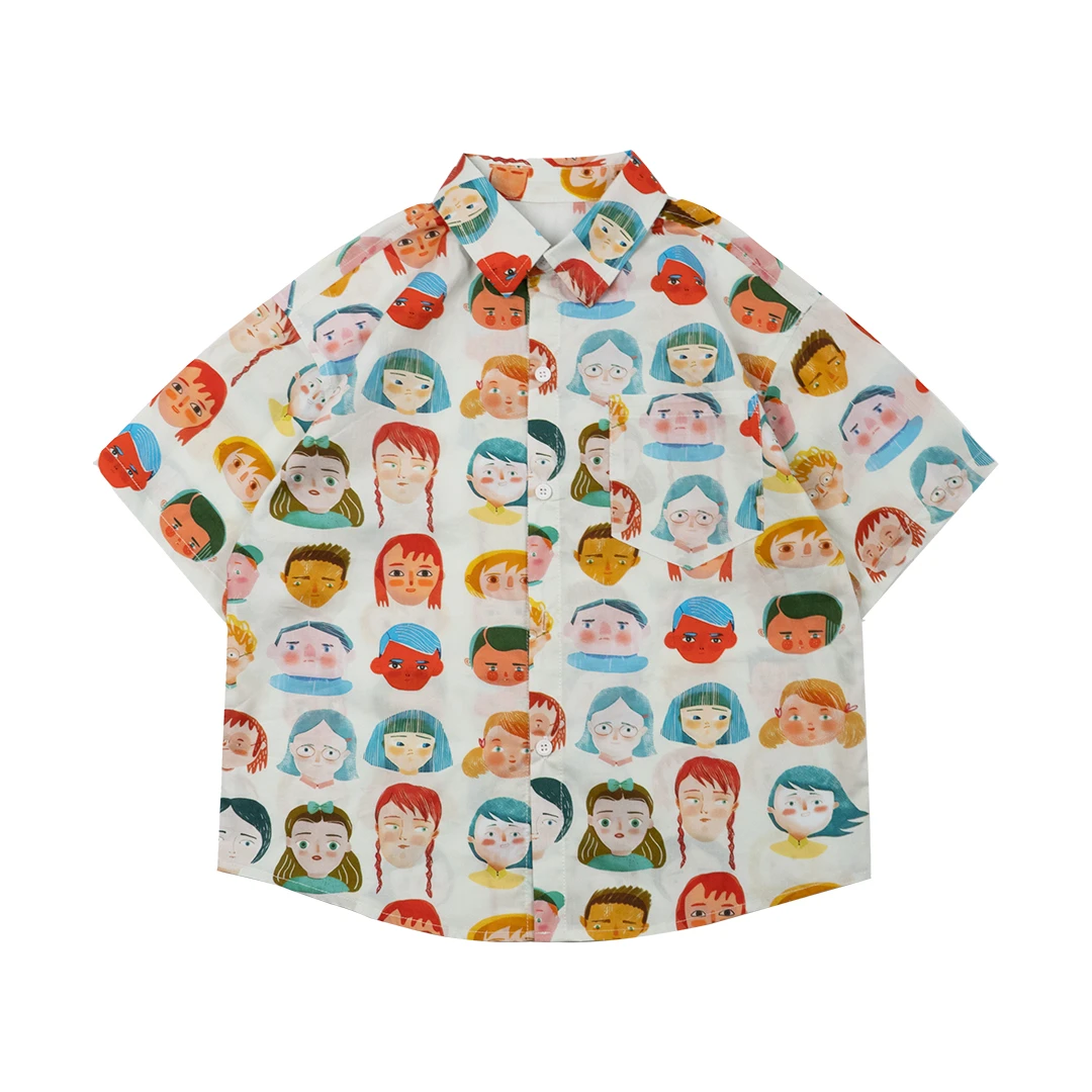 现货【卡通小人】男童纯棉短袖的夏天宽松儿童松休闲衬衫印花Y56455