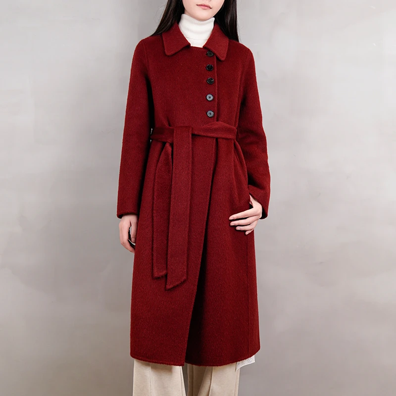 2024冬新双面羊毛大衣女酒红毛呢外套赫本风复古小翻领中长款系带