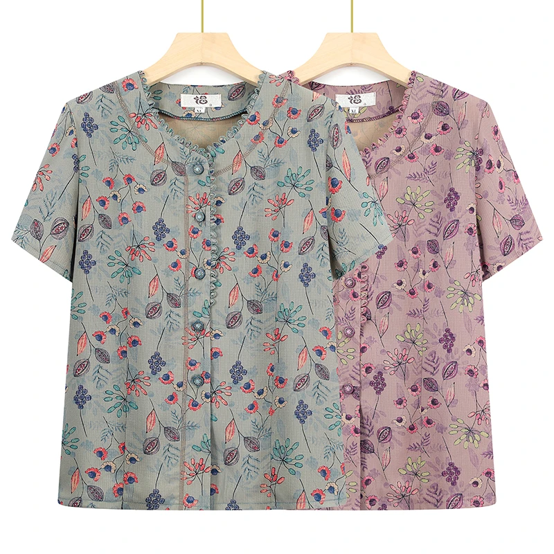 中老年人妈妈装衬衫老太太薄款夏季新款短袖加大版奶奶翻领开衫