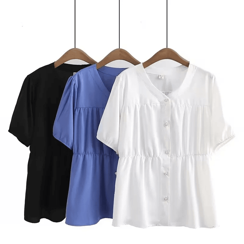 褶皱收腰衬衫女夏季短袖V领小衫设计感显瘦遮肚气质减龄大码上衣