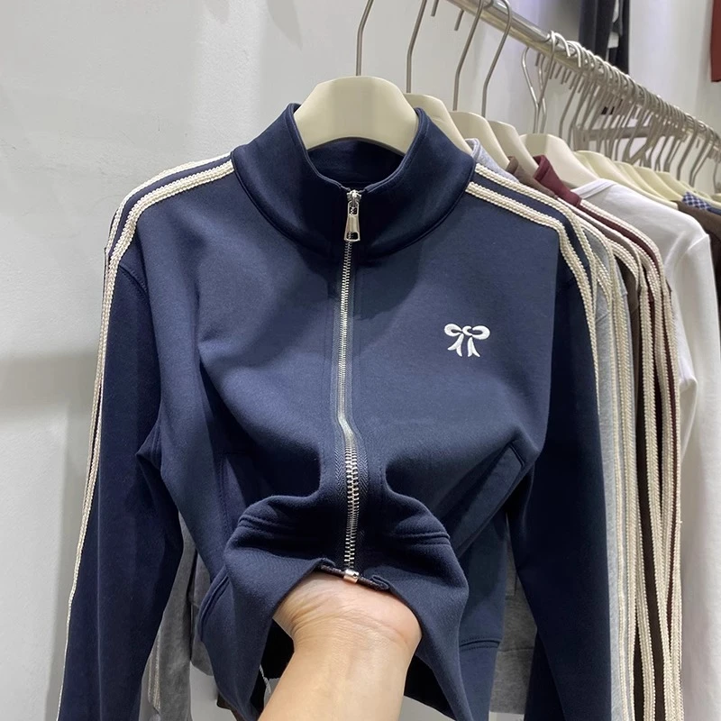 蝴蝶结刺绣立领长袖卫衣女2024年秋冬新款小个子休闲短款开衫外套