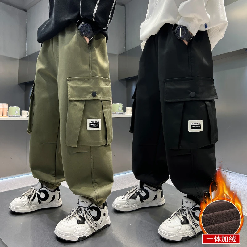 男童休闲裤加绒儿童工装裤中大童长裤男孩宽松休闲洋气冬装加厚潮