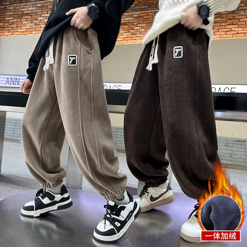 男童加绒裤子条绒运动裤秋冬款2024新款大儿童冬季一体绒卫裤加厚
