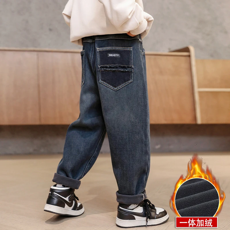 男童加绒裤子2024新款儿童冬季一体绒牛仔长裤加厚保暖中大童秋冬
