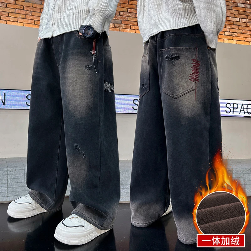 男童冬装加绒裤子2024新款秋冬款中大童一体绒牛仔裤儿童加厚裤潮