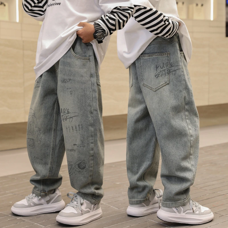男童牛仔裤春秋新款儿童时尚长裤中大童洋气韩版宽松卡通裤子儿童