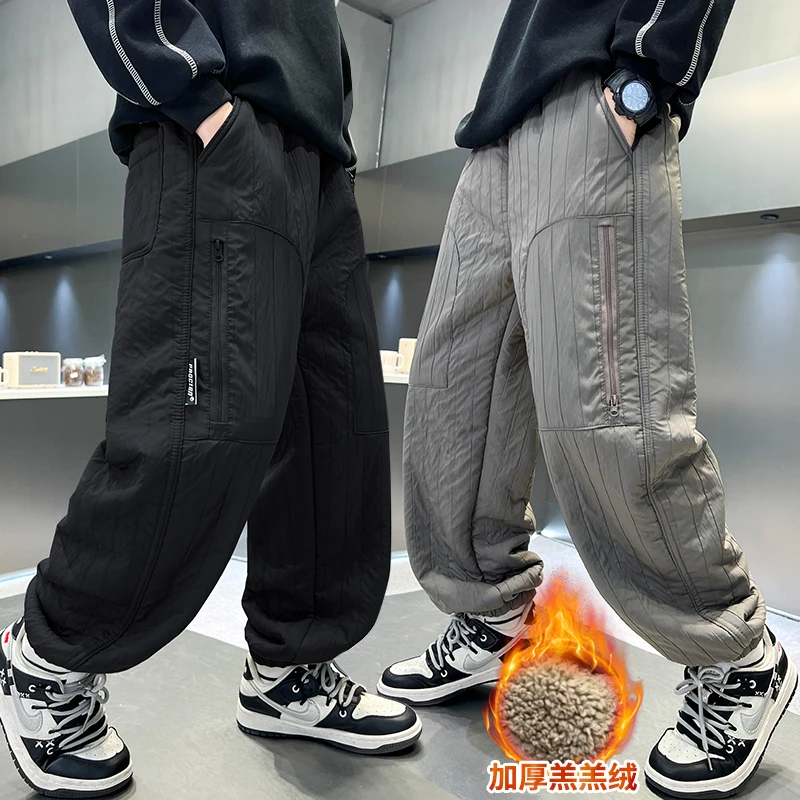 男童加绒加厚冬季休闲裤2024新款中大童保暖防风保暖裤儿童束脚裤