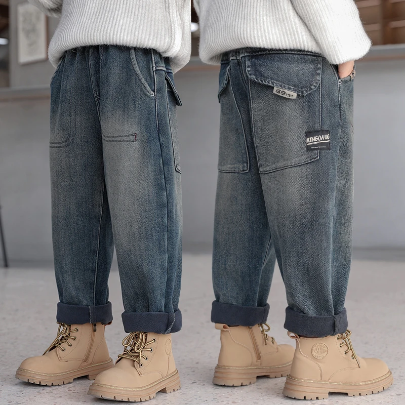 男童冬季一体绒加厚牛仔裤2024新款中大童保暖宽松长裤儿童加绒裤