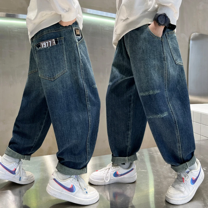 男童牛仔裤春秋款2024新款儿童装男孩中大童宽松直筒长裤胖男孩潮