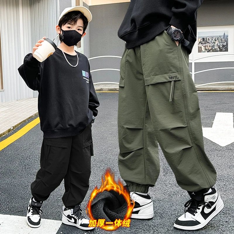 儿童装中大童男童秋冬季加绒休闲工装裤2024新款男孩加厚韩版长裤