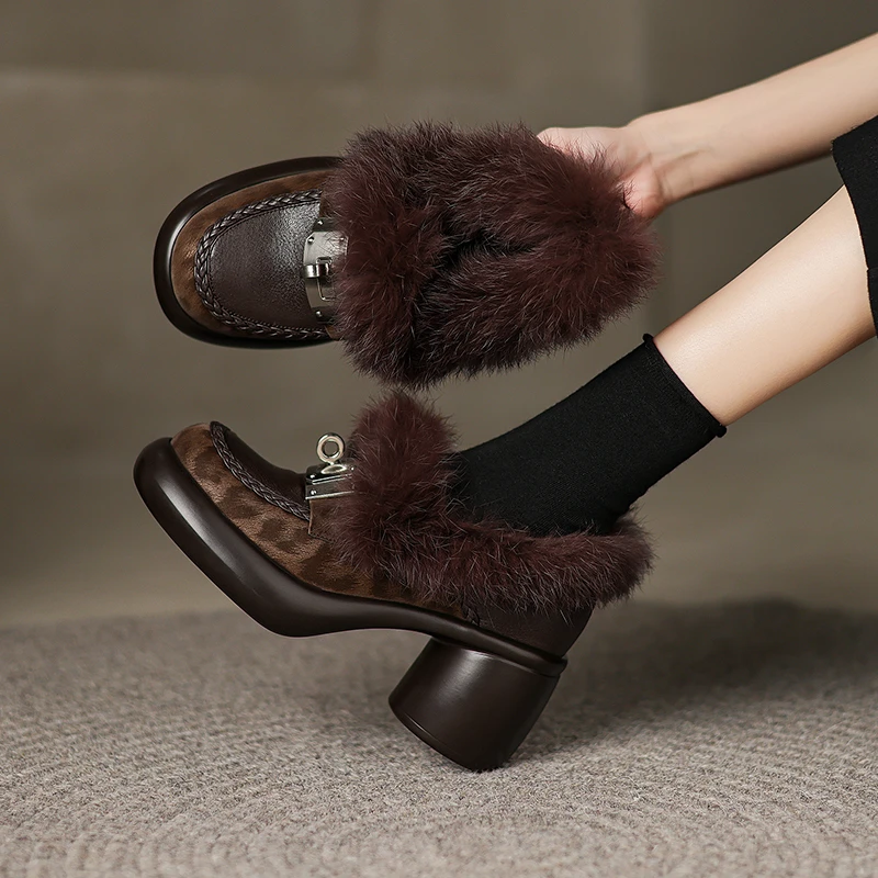 牛皮  6.5厘米 34-40复古单鞋时尚百搭真皮粗跟加绒高跟圆头秋冬