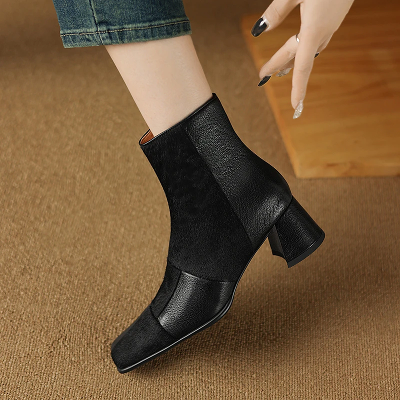 羊皮 4.5厘米34-40 羊皮拼接马毛 方头百搭时尚粗跟 短靴复古