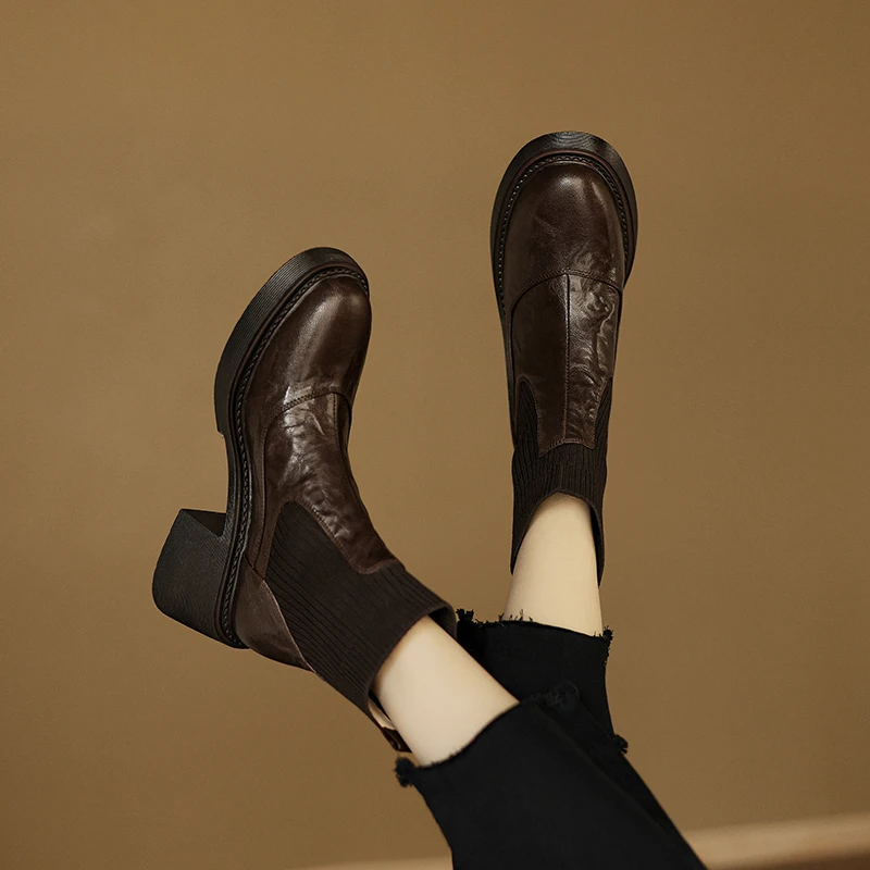 羊皮 6厘米34-40百搭复古粗跟英伦风方头秋冬中跟 弹力短靴