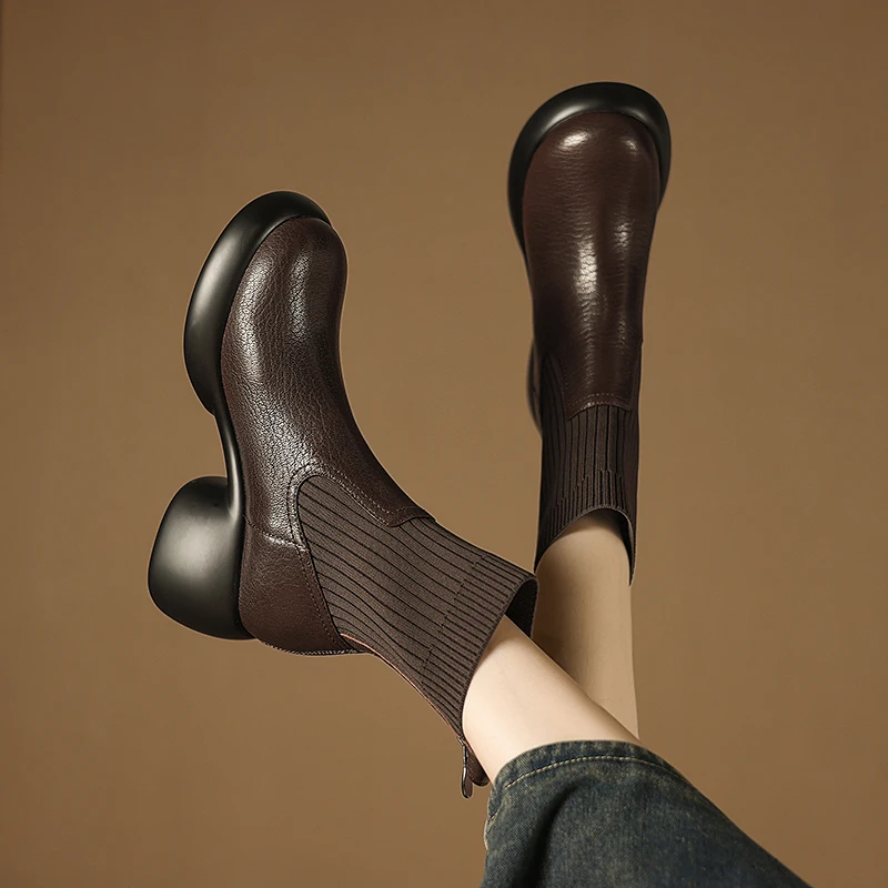羊皮 6.5厘米 34-40时尚真皮粗跟厚底英伦风秋冬圆头弹力针织短靴