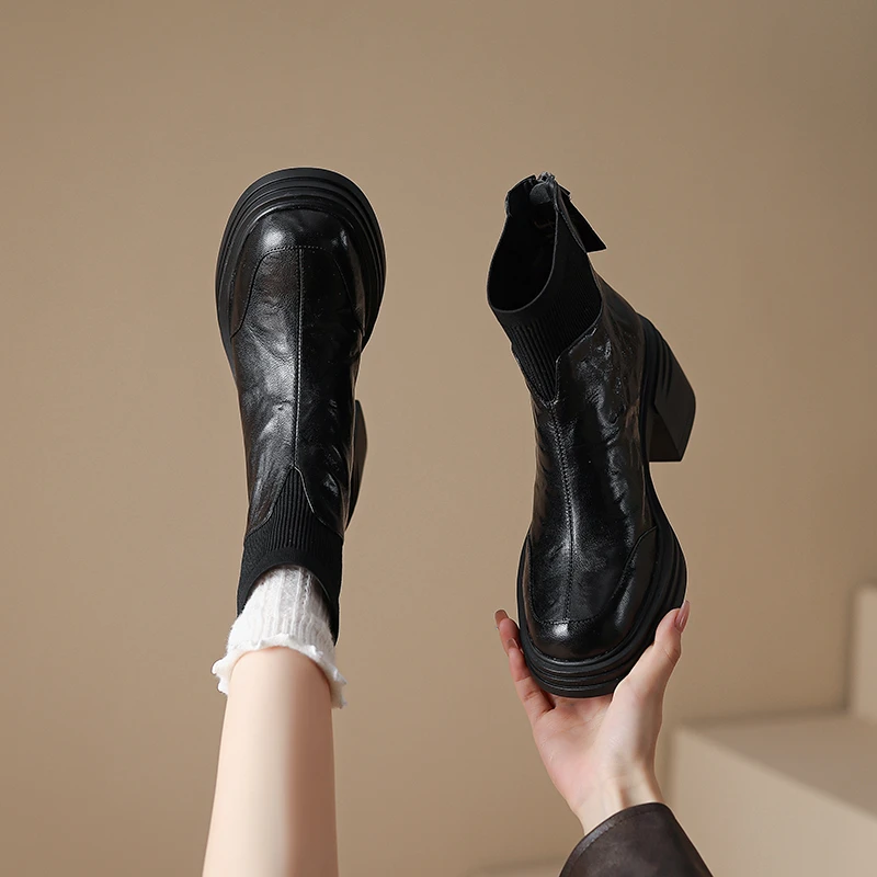 羊皮 7厘米34-40 柔软舒适厚底短靴真皮单靴复古女方头短靴子