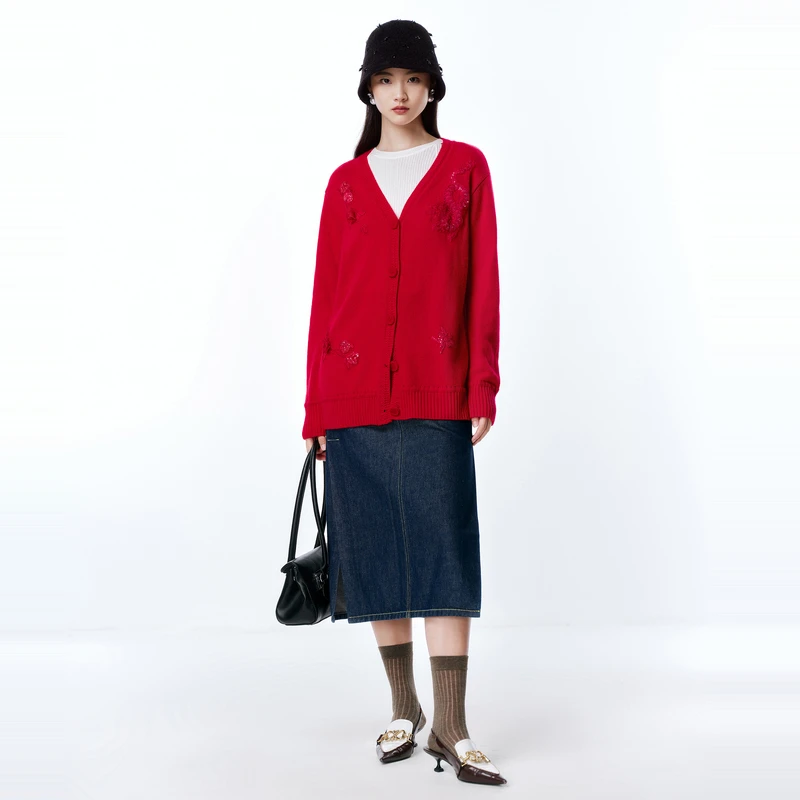 【石榴龙纹】国风羊毛针织开衫毛衣外套含羊绒DOUBLOVE贝爱早春新款