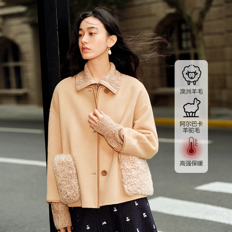 【雅丹风】羊毛双面呢大衣外套羊卷毛含羊驼毛DOUBLOVE贝爱秋冬新款