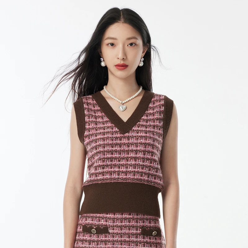 DOUBLOVE贝爱秋冬新款复古甜美小香风提花针织背心V领含马海毛