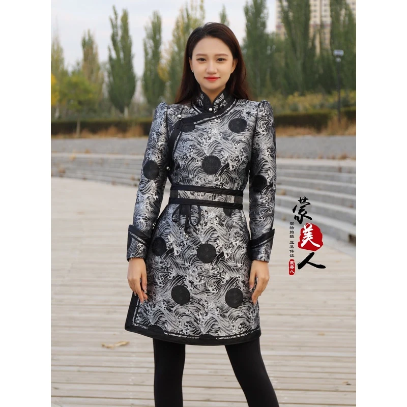 蒙美人-织锦缎海浪花印花民族风中长款气质外套 改良新式蒙古服饰