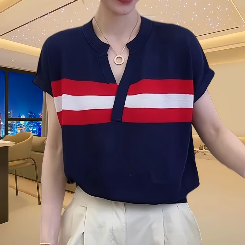 宽松撞色V领条纹针织衫上衣女2025夏季休闲洋气薄款大码薄款上衣