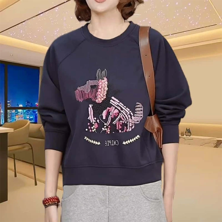 小狗刺绣宽松圆领长袖卫衣女士2024秋季休闲时尚大码纯色重工上衣