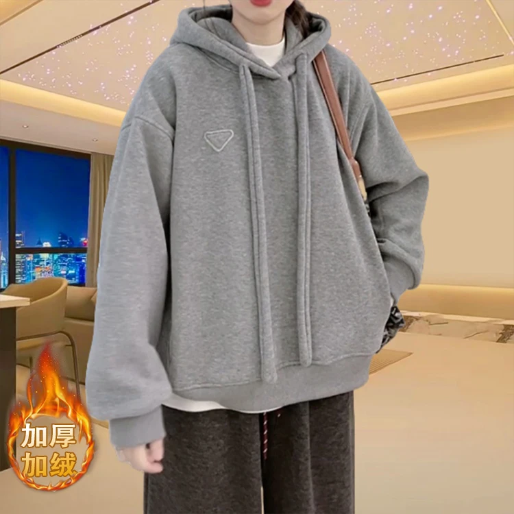秋冬新款极简风韩版加绒加厚连帽套头卫衣女灰色宽松休闲运动上衣