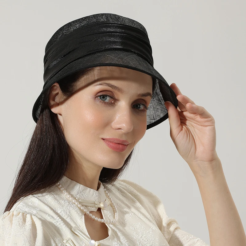 法式复古麻纱礼帽黑色盆帽春夏太阳帽英伦时尚名媛经典礼帽渔夫帽