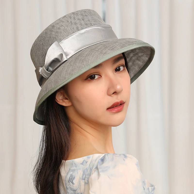 女士百搭麻纱帽子平檐防晒蓝色咖啡色礼帽女法式复古春夏季平顶帽