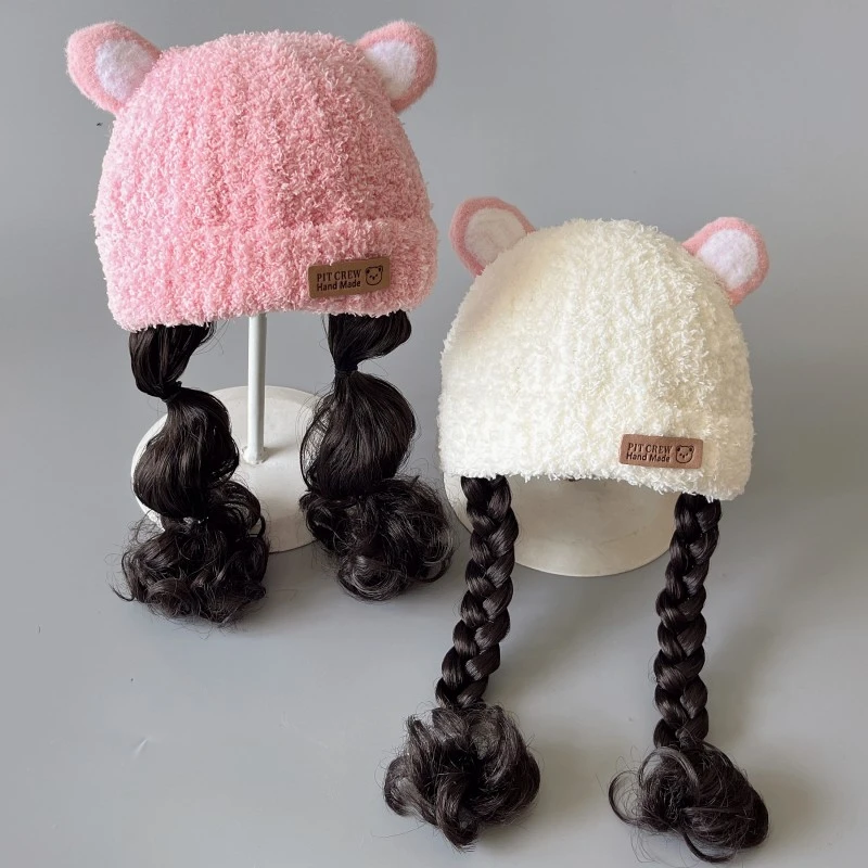 婴儿童帽子秋冬款毛线帽女孩假发帽宝宝冬季新生儿珊瑚绒直发辫