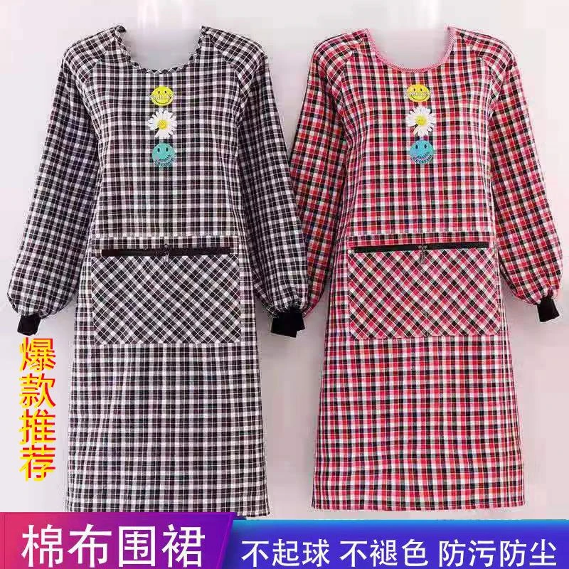 防污防油拉链口袋透气纯棉围裙罩衣加长加肥成人上班家务清洁厨房