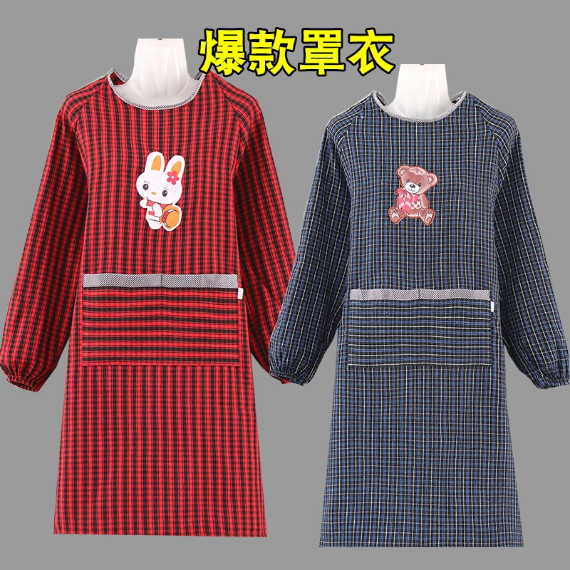 棉布长袖罩衣女家用厨房围裙防污透气大人时尚做饭防污加厚工作服