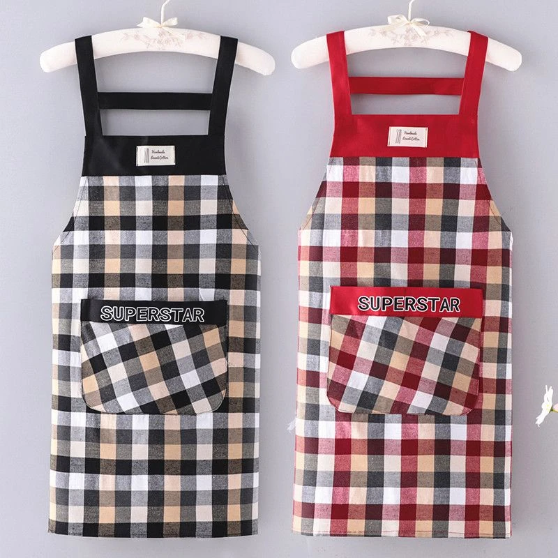 围裙厨房家用纯棉透气大口袋民族格子围腰成人上班防油耐脏工作服