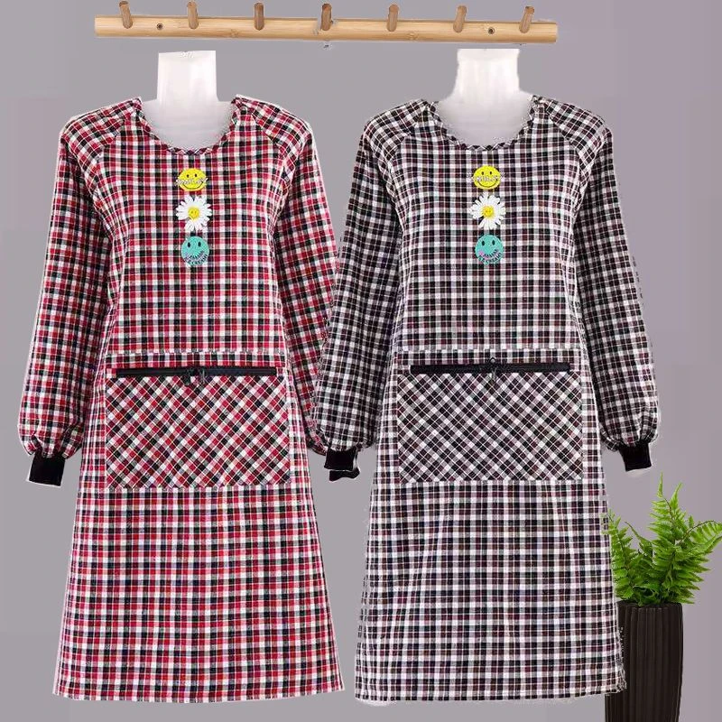 围裙女洋气拉链口袋加长加肥长袖罩衣成人上班工作服防油耐磨围腰