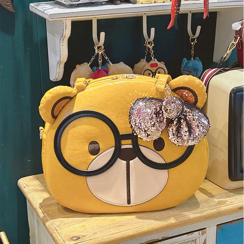 三猫时袋奶油熊卡通包可爱大头包黄色圆形百搭时尚妈咪包潮流肩包