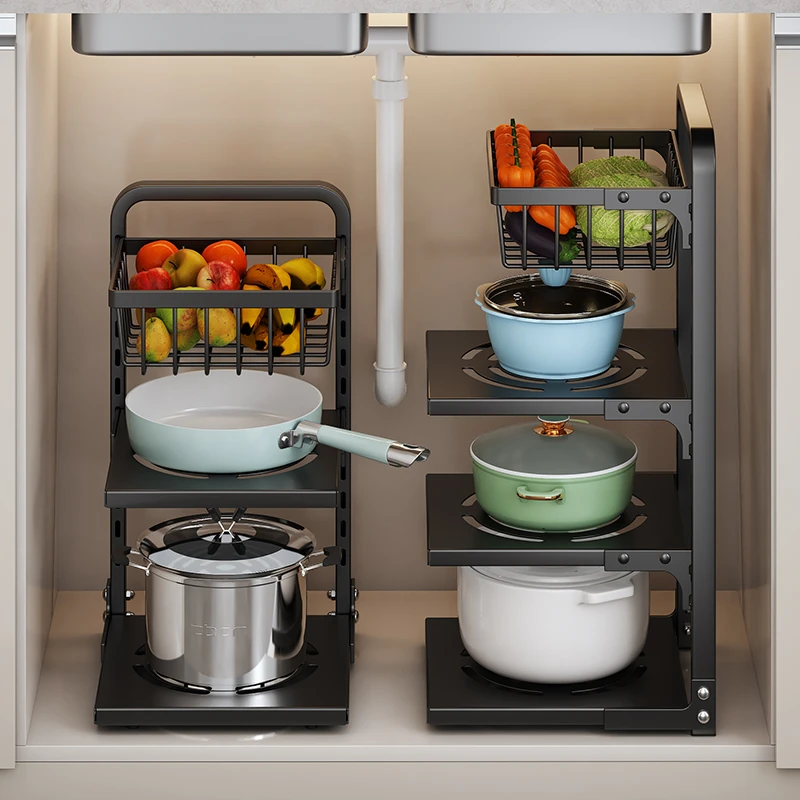 厨房置物架家用下水槽多层锅具收纳架子橱柜内分层锅架锅具置物架